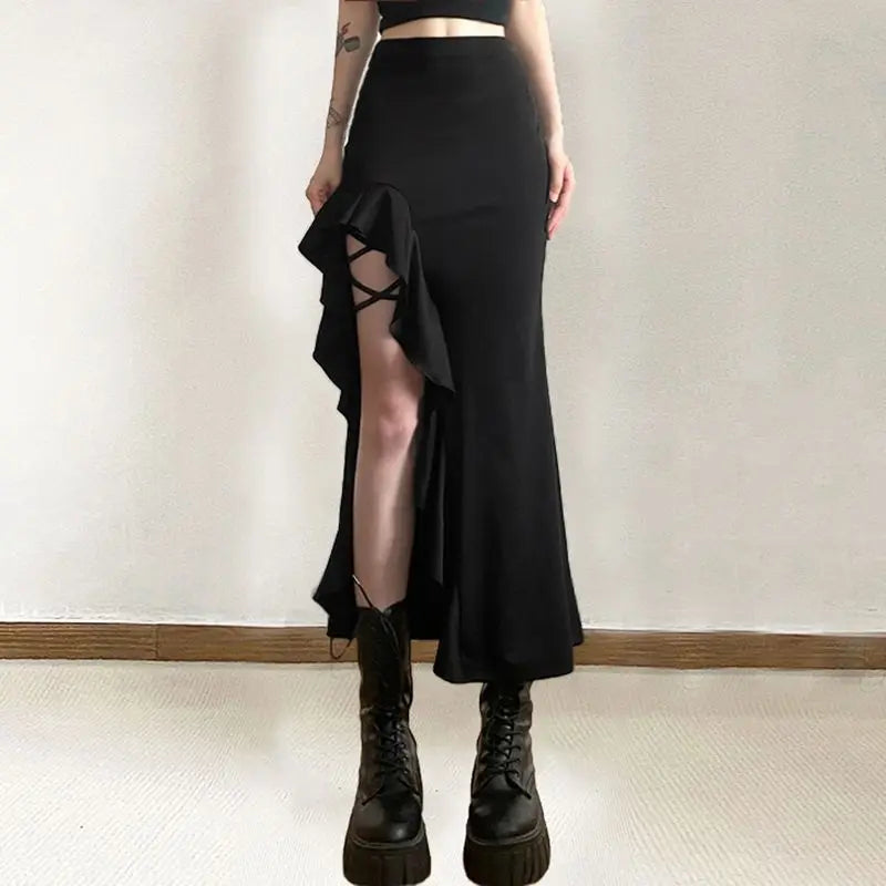 Gothic Black Bodycon Waisted Punk Midi Slit Skirt