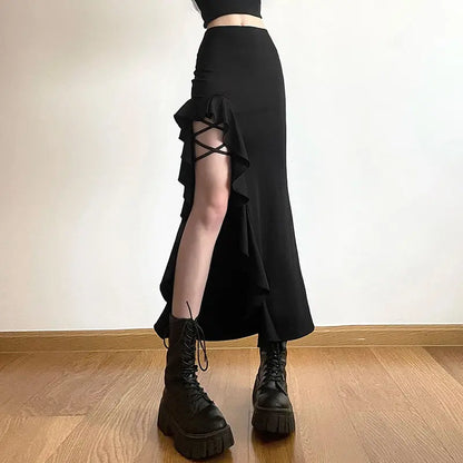 Gothic Black Bodycon Waisted Punk Midi Slit Skirt