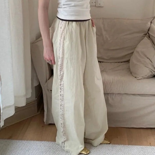 Lace Patchwork White Wide Leg Pants