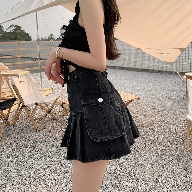 Vintage Pleated Black Y2K Gothic Patchwork A-Line Skirt
