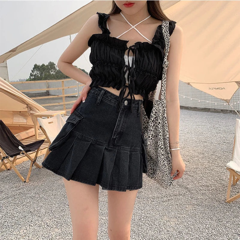 Vintage Pleated Black Y2K Gothic Patchwork A-Line Skirt