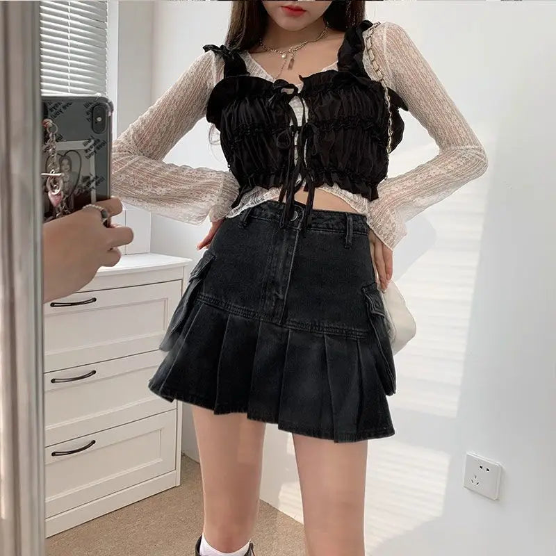 Vintage Pleated Black Y2K Gothic Patchwork A-Line Skirt