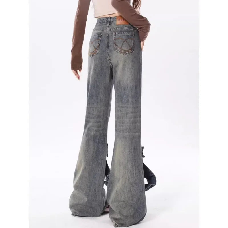 Flare Jeans Women Bow Patchwork Pants