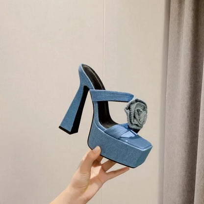 Denim Blue Crystal Flower Peep Toe Platform Slides with Square Head 14CM Thick High Heels