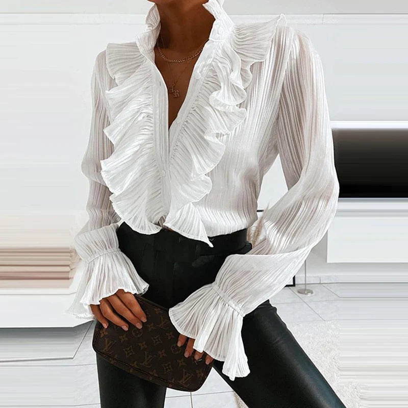 Denim Ruffled V Neck Pleated Blouse WHITE / S blouse-250126