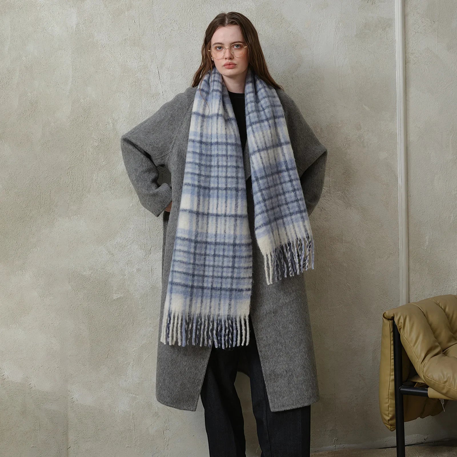 Korean Premium 30% Wool Red Plaid Tassels Mohair Warm Scarf Navy And Blue Scarfs-L