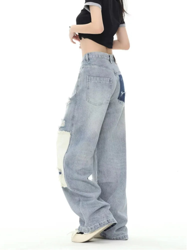 Broken Hole Patch Summer Crowd High Waist Loose Straight Leg Women's Jean