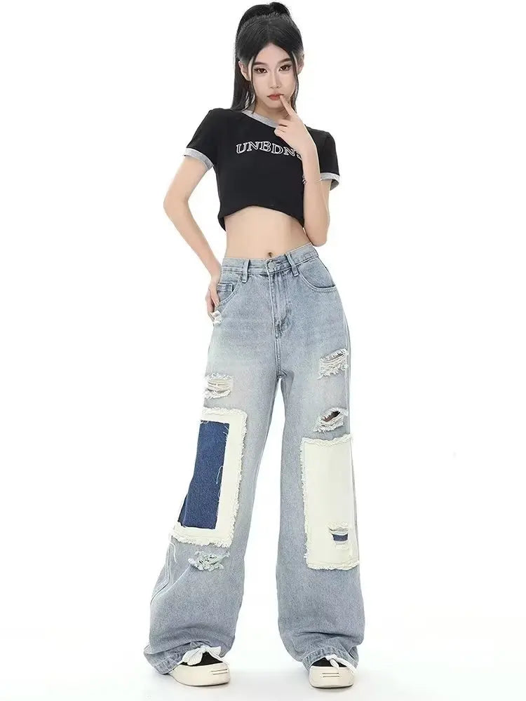 Broken Hole Patch Summer Crowd High Waist Loose Straight Leg Women's Jean