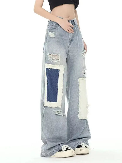 Broken Hole Patch Summer Crowd High Waist Loose Straight Leg Women's Jean