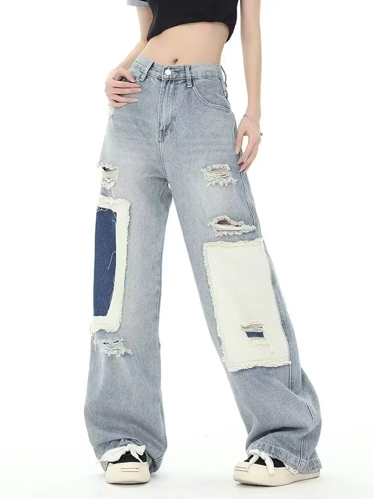 Broken Hole Patch Summer Crowd High Waist Loose Straight Leg Women's Jean