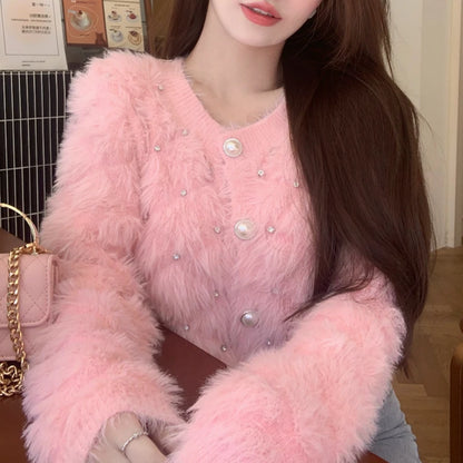 Diamond Pink Plush Knit Cardigan