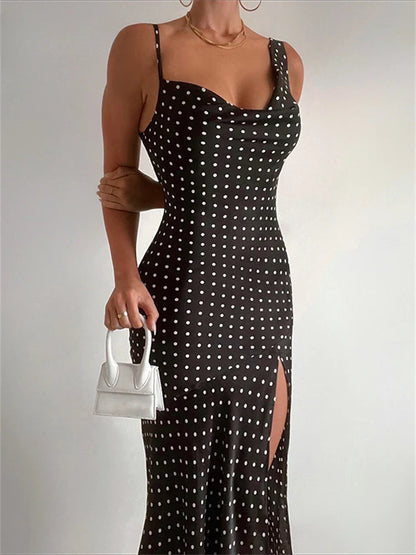 Dot Print Swinging Neck Backless Summer Women Sleeveless Split es Casual Midi Dress