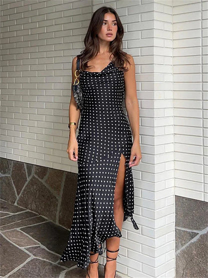 Dot Print Swinging Neck Backless Summer Women Sleeveless Split es Casual Midi Dress