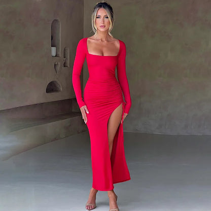 Drawstring Ruched High-split Club-ready Square-necked Long-sleeved Sensual Midi Dress