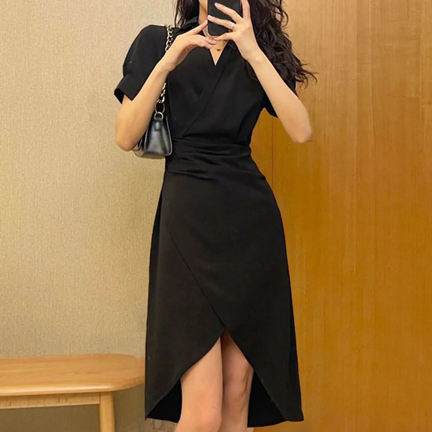 Elegant Solid Slim Korean Style Streetwear Midi Short Sleeve Lapel Casual Cozy Summer Fashion 2024 Dress