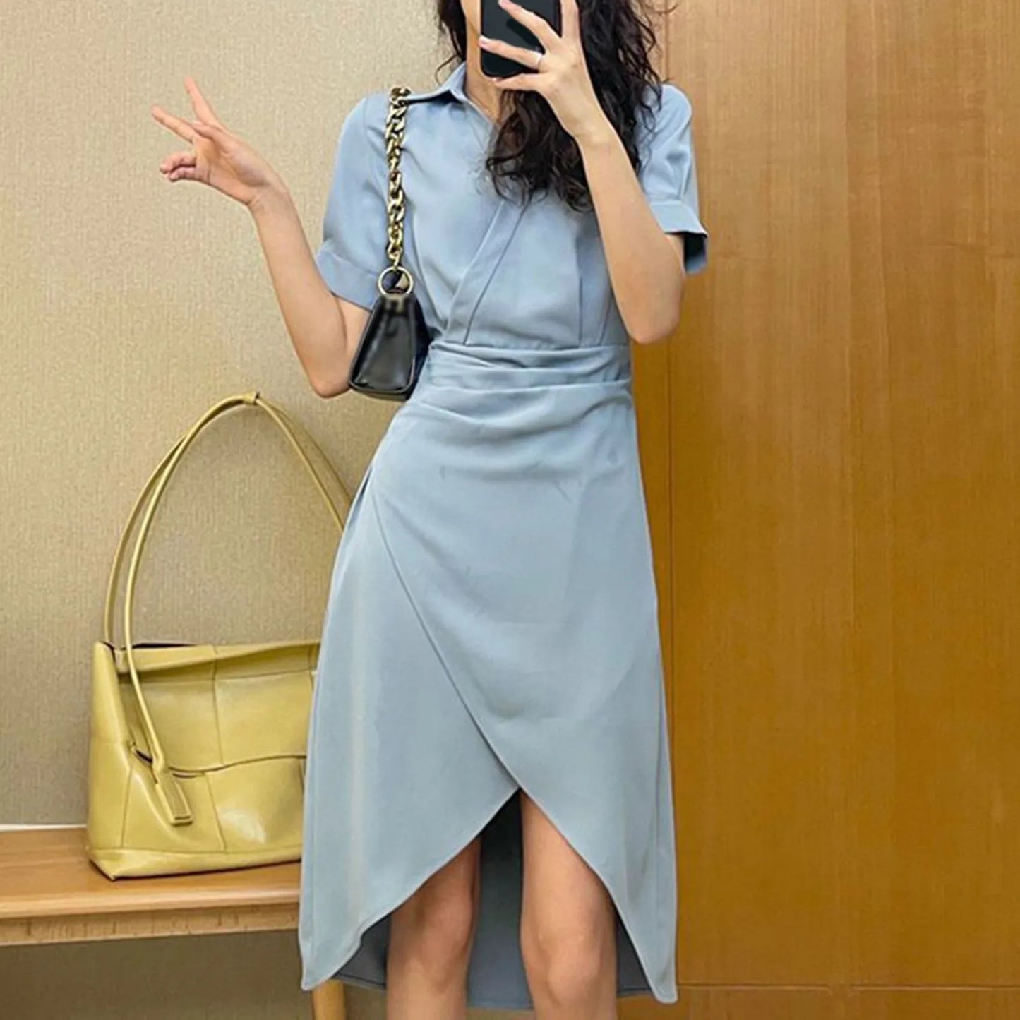 Elegant Solid Slim Korean Style Streetwear Midi Short Sleeve Lapel Casual Cozy Summer Fashion 2024 Dress