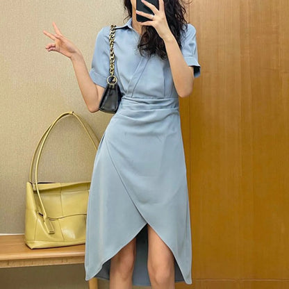 Elegant Solid Slim Korean Style Streetwear Midi Short Sleeve Lapel Casual Cozy Summer Fashion 2024 Dress