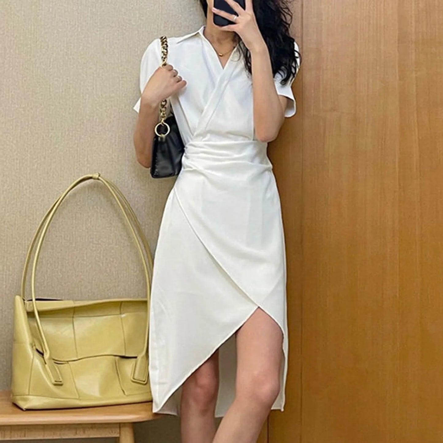 Elegant Solid Slim Korean Style Streetwear Midi Short Sleeve Lapel Casual Cozy Summer Fashion 2024 Dress