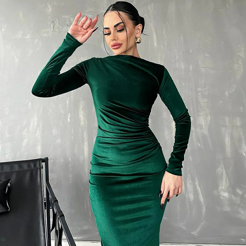 Velvet Long Sleeve Midi Dress - Elegant Party Clothes for Christmas Party