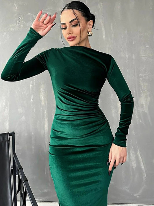 Velvet Long Sleeve Midi Dress Ruched Elegant Party Clothes Evening Christmas Party Dress