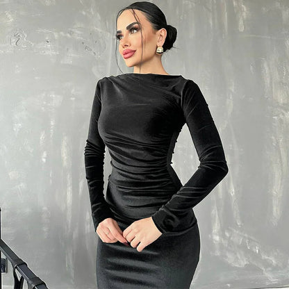 Velvet Long Sleeve Midi Dress Ruched Elegant Party Clothes Evening Christmas Party Dress