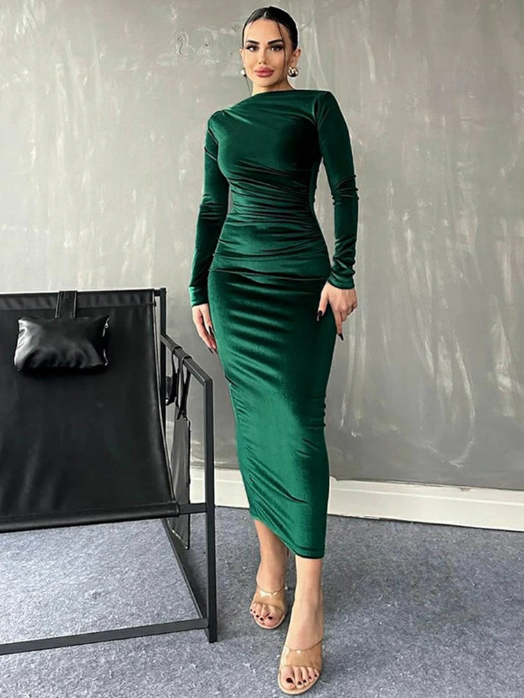 Velvet Long Sleeve Midi Dress Ruched Elegant Party Clothes Evening Christmas Party Dress