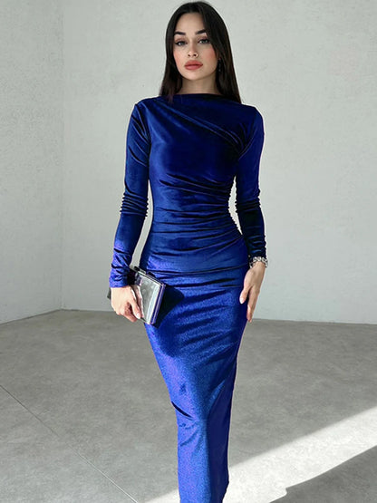 Velvet Long Sleeve Midi Dress Ruched Elegant Party Clothes Evening Christmas Party Dress