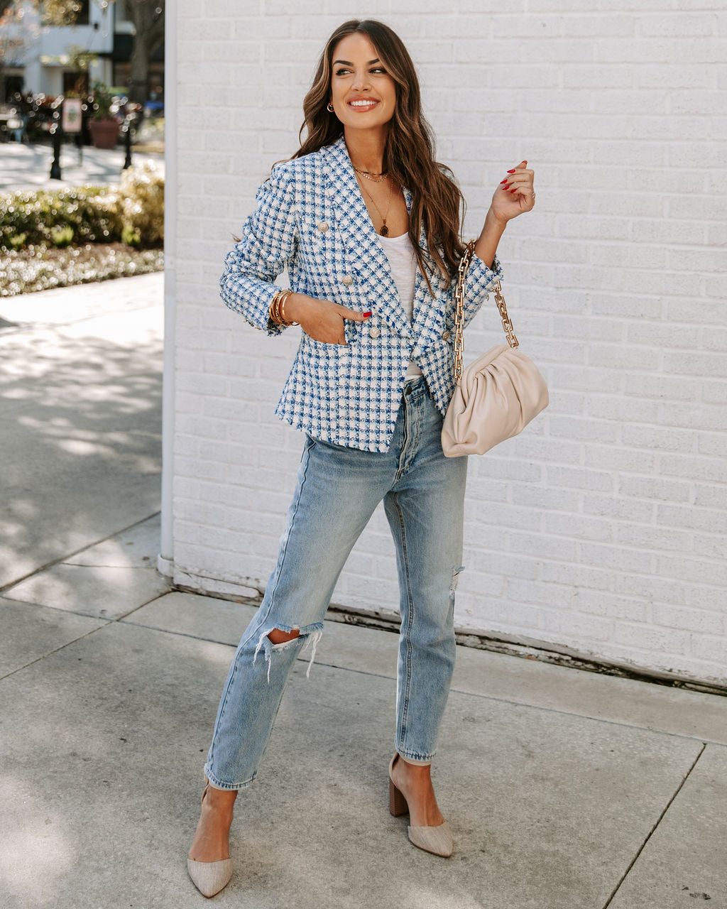 Blue Lindell Pocketed Tweed Blazer