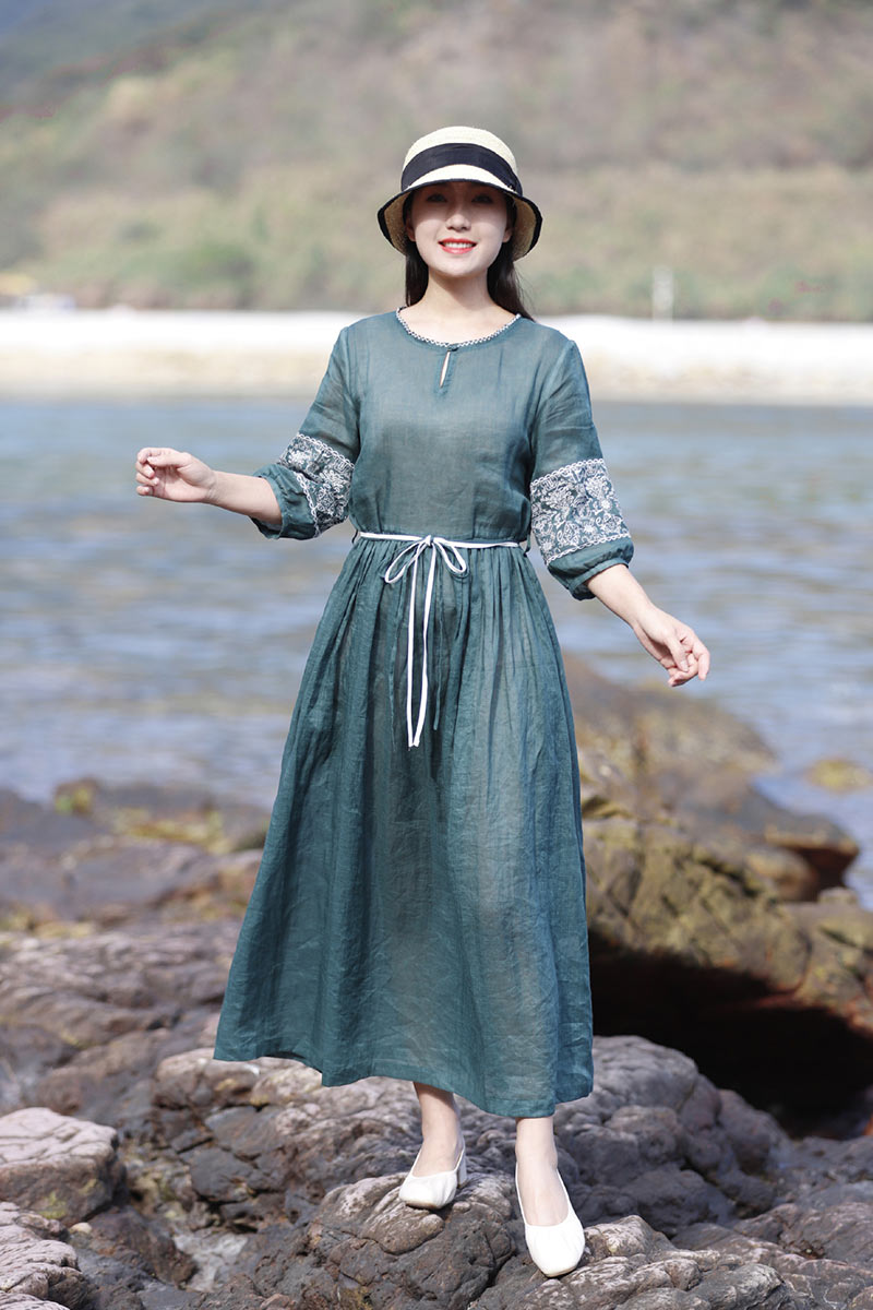 Emerald Embroidered Ramie Dress