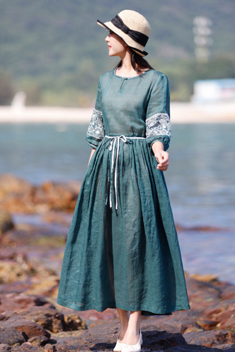 Emerald Embroidered Ramie Dress