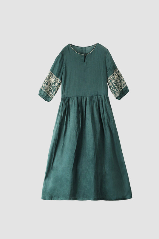 Emerald Embroidered Ramie Dress