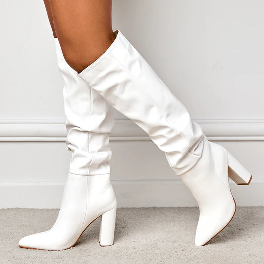 Spring Fashion Pleated Chunky High Heel Sexy Slip-on Pointed Toe Knee High Boot