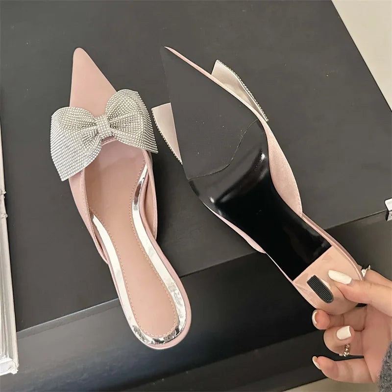 Crystal Butterfly-knot Pointed Elegant Thin Summer Sandals Low Heel Pump