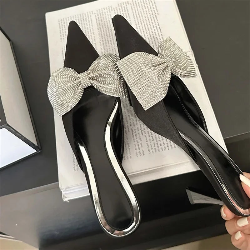 Crystal Butterfly-knot Pointed Elegant Thin Summer Sandals Low Heel Pump