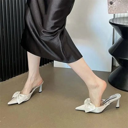 Crystal Butterfly-knot Pointed Elegant Thin Summer Sandals Low Heel Pump