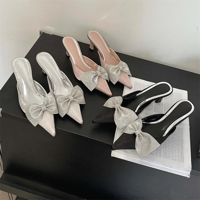 Crystal Butterfly-knot Pointed Elegant Thin Summer Sandals Low Heel Pump