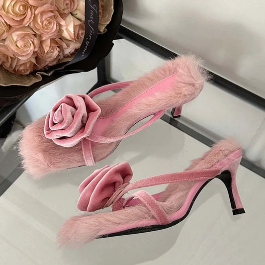 Eilyken Corduroy Faux Fur Slippers Women Square Toe High Heels Sandals Outdoor Banquet Ladies Shoes