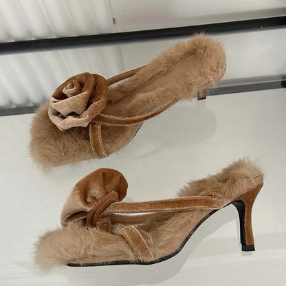 Eilyken Corduroy Faux Fur Slippers Women Square Toe High Heels Sandals Outdoor Banquet Ladies Shoes