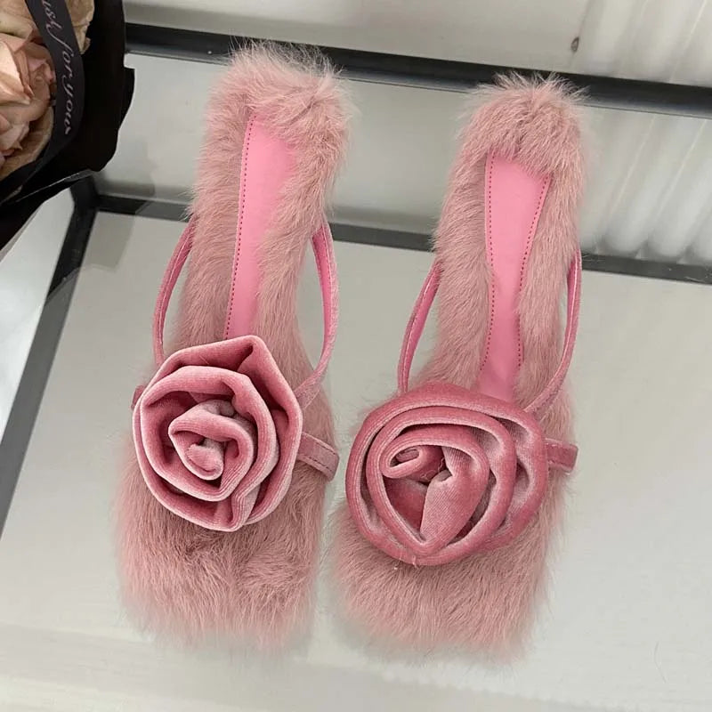 Eilyken Corduroy Faux Fur Slippers Women Square Toe High Heels Sandals Outdoor Banquet Ladies Shoes