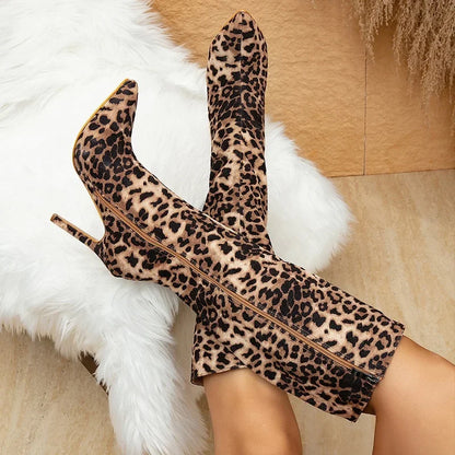 Eilyken Leopard Print Pointed Toe High Heel Knee-High Boots with Zipper