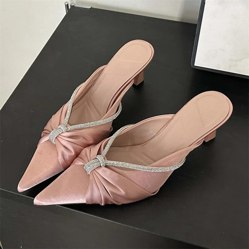 Eilyken Crystal Pointed Toe Mule Women Slippers Thin Heels Shoes Casual Dress Pumps