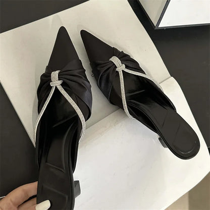 Eilyken Crystal Pointed Toe Mule Women Slippers Thin Heels Shoes Casual Dress Pumps