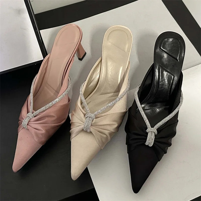 Eilyken Crystal Pointed Toe Mule Women Slippers Thin Heels Shoes Casual Dress Pumps