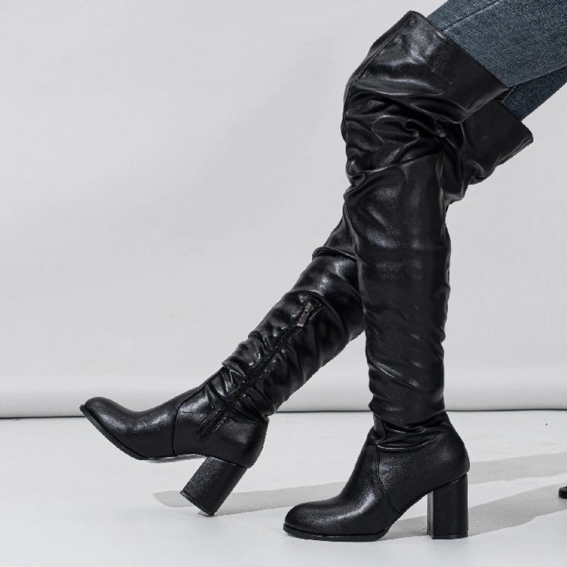 Eilyken Designer Pleated Over-the-knee Women Boots High Heels Runway Round Toe Zipper Booties