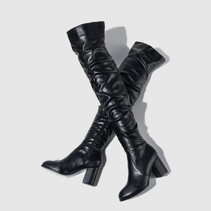 Eilyken Designer Pleated Over-the-knee Women Boots High Heels Runway Round Toe Zipper Booties