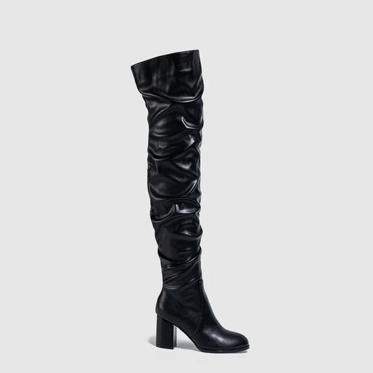 Designer Pleated Over The Knee High Heels Fashion Runway Round Toe Zipper Knee High Boot