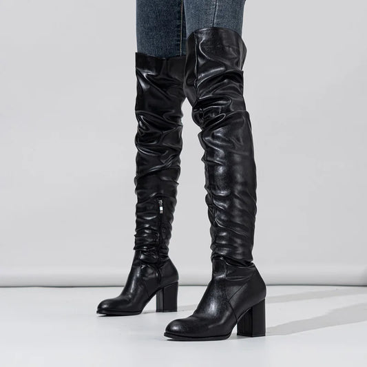 Designer Pleated Over The Knee High Heels Fashion Runway Round Toe Zipper Knee High Boot