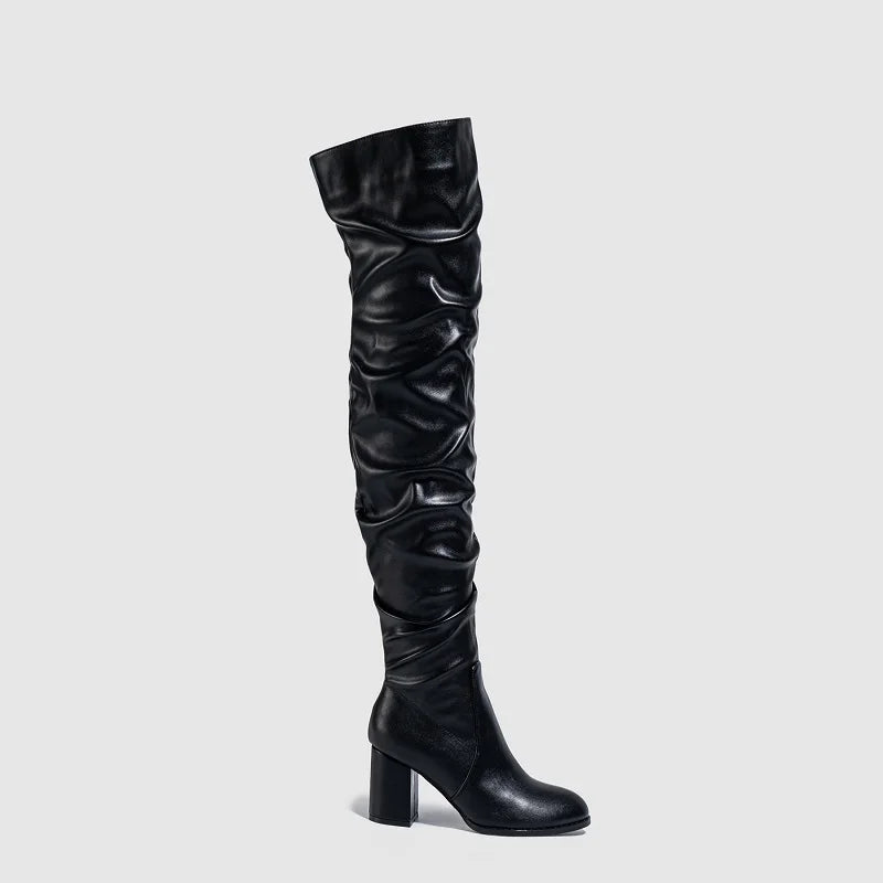 Eilyken Designer Pleated Over-the-knee Women Boots High Heels Runway Round Toe Zipper Booties