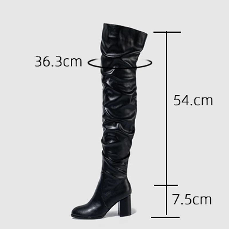 Eilyken Designer Pleated Over-the-knee Women Boots High Heels Runway Round Toe Zipper Booties