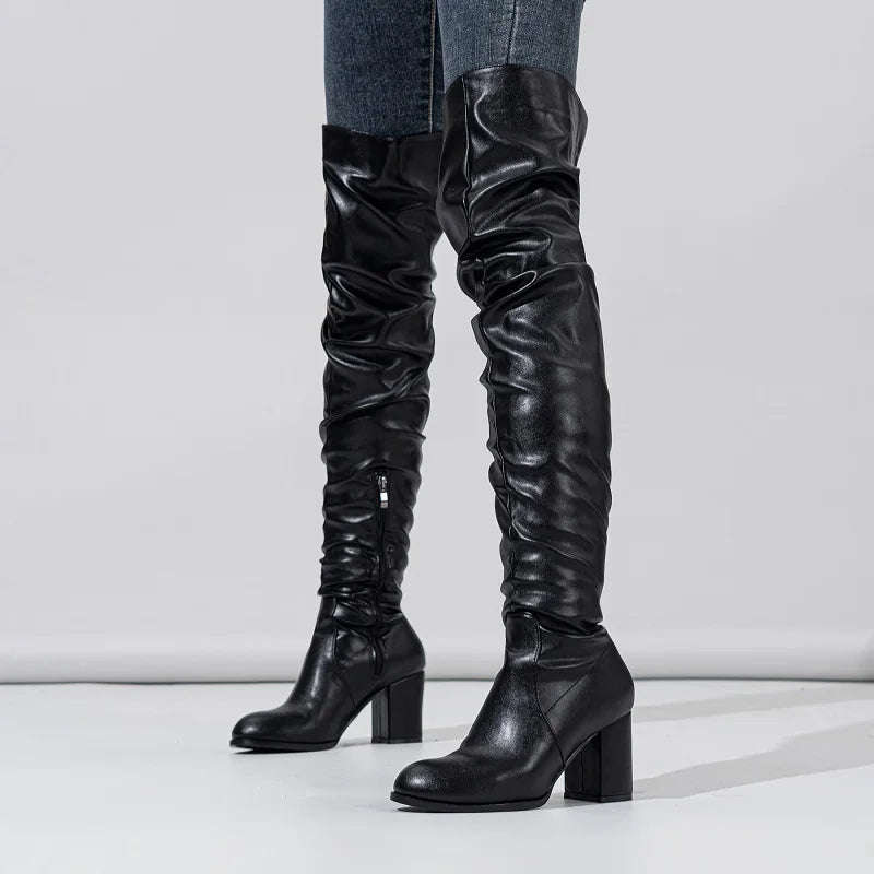 Eilyken Designer Pleated Over-the-knee Women Boots High Heels Runway Round Toe Zipper Booties